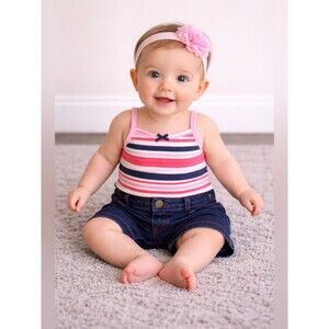 Carter’s & Circo Baby Girl 9M Outfit Pink Striped Bodysuit & Denim Shorts